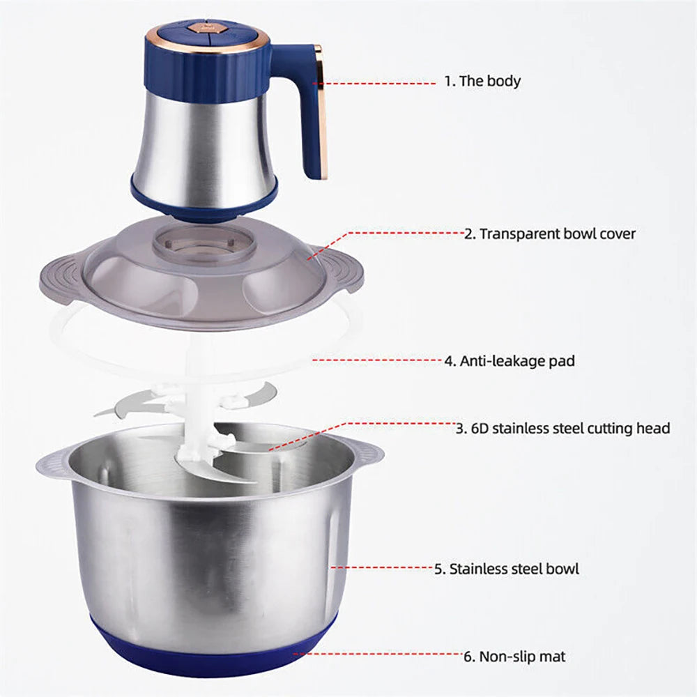 5L Food Chopper Processor(Black/Blue), Electric Meat Grinder, Stainless Steel Mincers For Kitchen, Meat, Vegetables, Onion